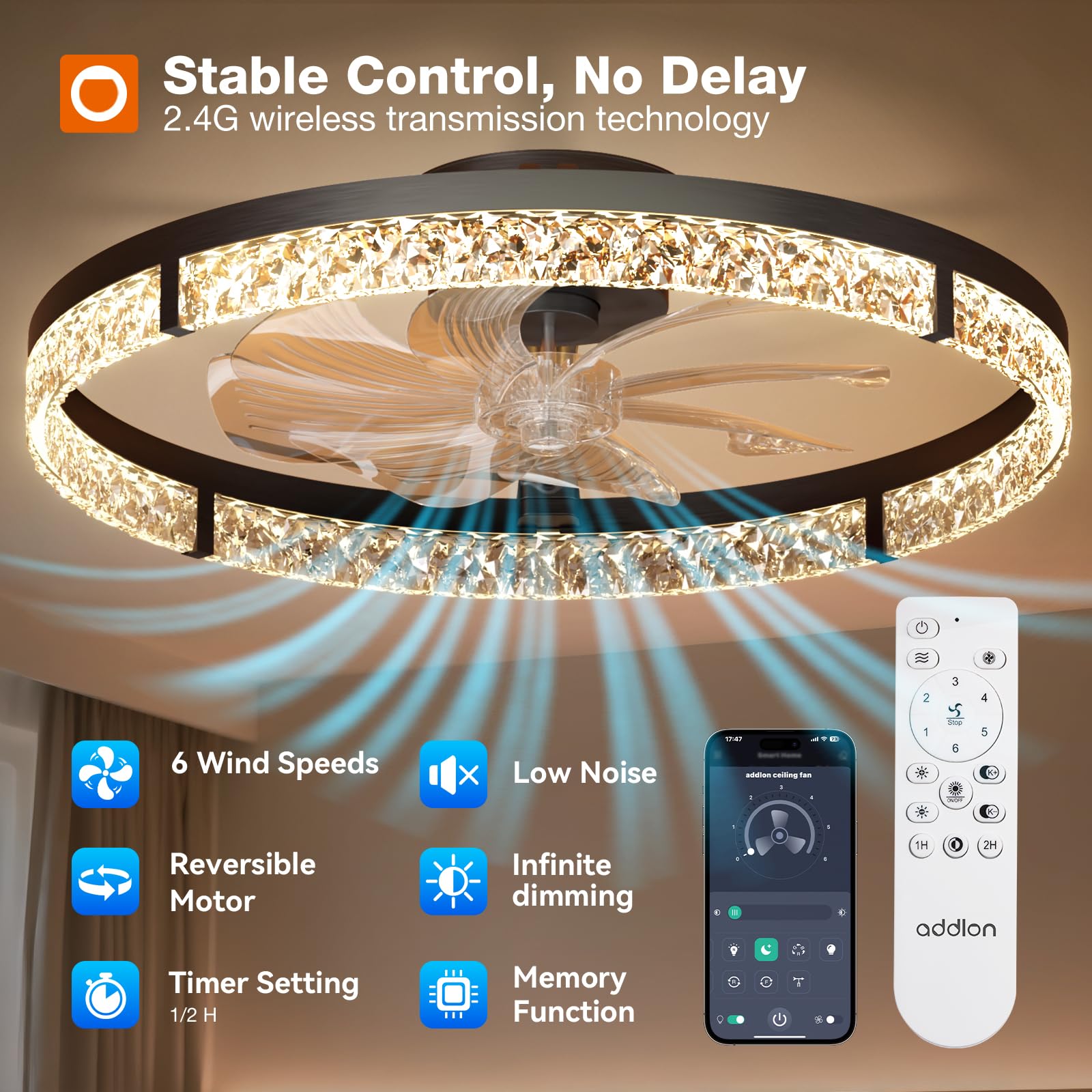 addlon Ceiling Fans with Lights and Remote, 24'' Low Profile Ceiling Fans, 3000-6000K Dimmable Modern Flush Mount LED Fan Light, Fandelier Ceiling Fan for Bedroom, Kitchen, Living Room, Office, Black