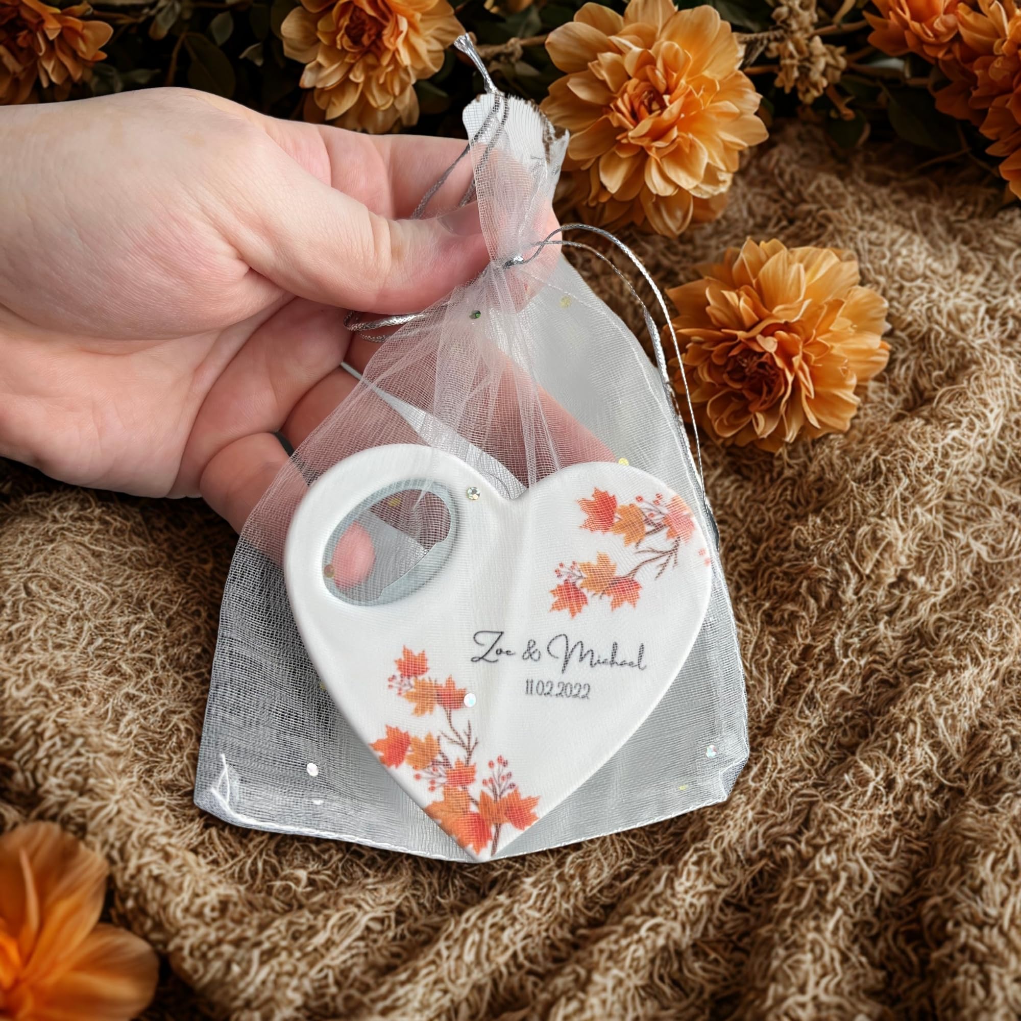 Custom Heart-Shaped Magnet Bottle Opener – Wedding Favor with Thank You Card, Personalized Gift for Guests, Bridal Shower Souvenir with Gift Bag (Pack of 30) (Bottle Opener + Gift Bag)