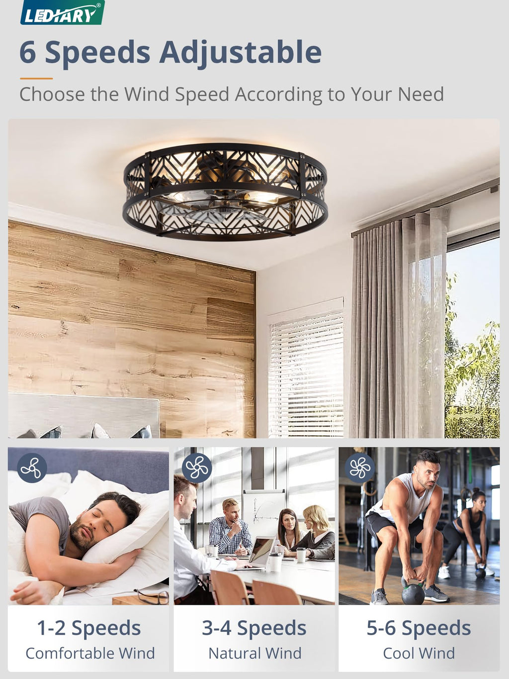 LEDIARY 20" Caged Ceiling Fan with Light, Small Flush Mount Ceiling Fan with App&Remote, Low Profile Bladeless Ceiling Fan for Bedroom, Kitchen, Dining Room-Black