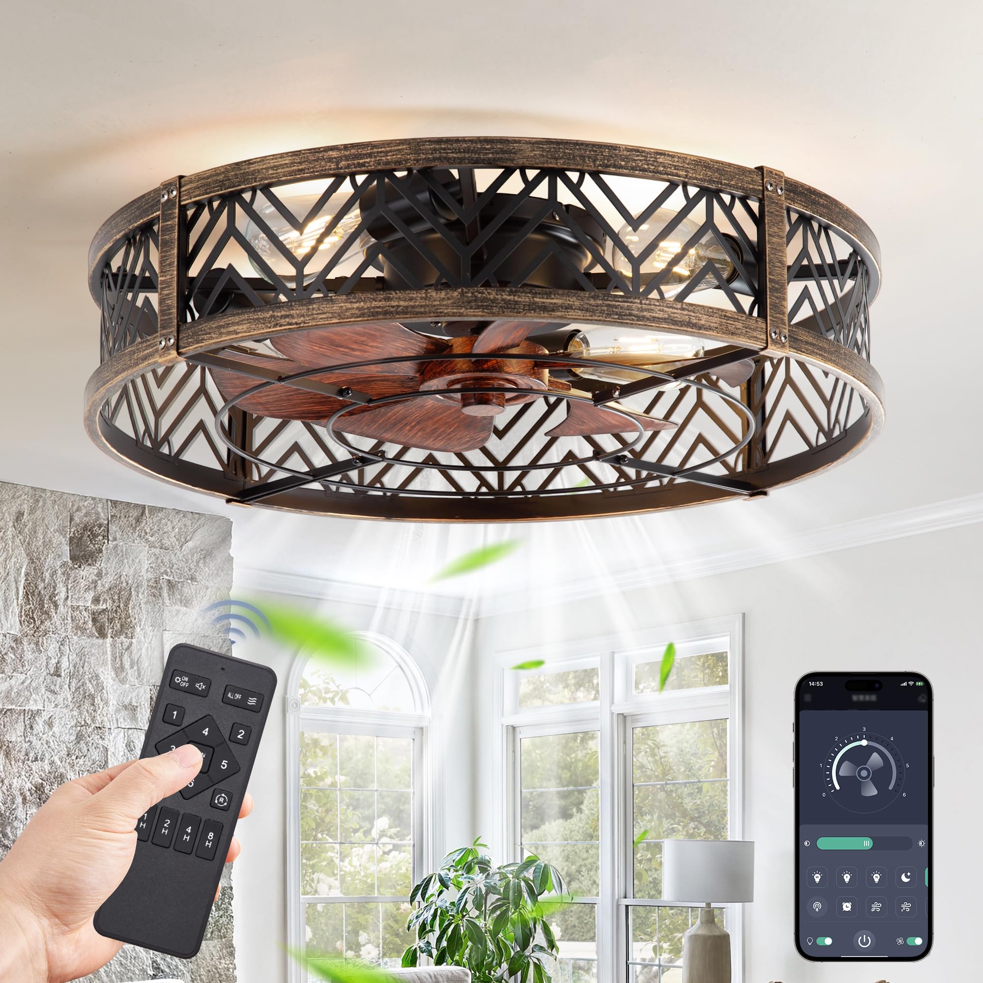 LEDIARY 20" Caged Ceiling Fan with Light, Small Flush Mount Ceiling Fan with App&Remote, Low Profile Bladeless Ceiling Fan for Bedroom, Kitchen, Dining Room-Black