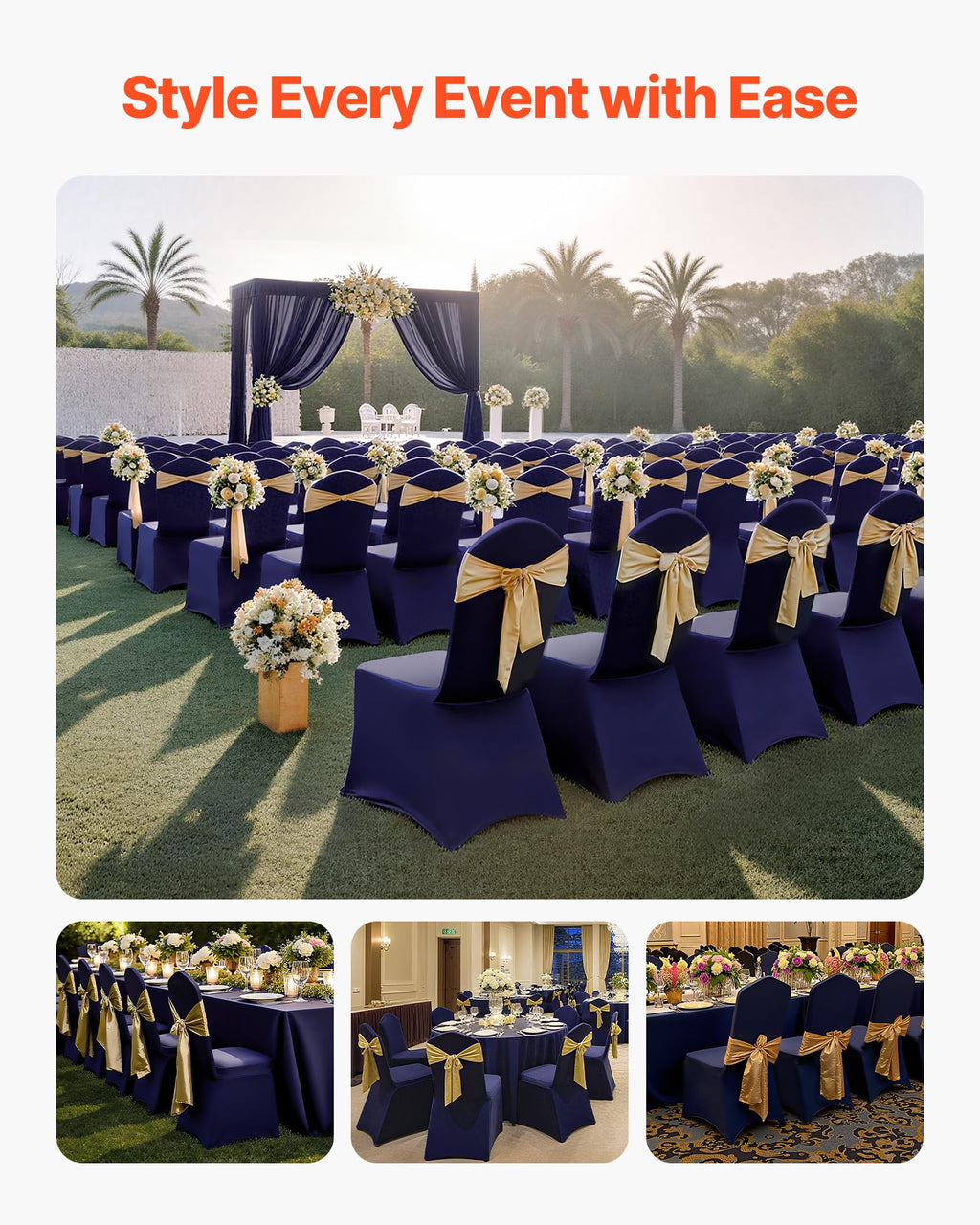 VEVOR 50 Pcs Navy Blue Chair Covers, Polyester Spandex Chair Cover, Stretch Slipcovers for Wedding Party Dining Banquet Flat-Front Chair Covers, Fits Chair Measures up to 20.08 x 17.72 x 37.4 inch