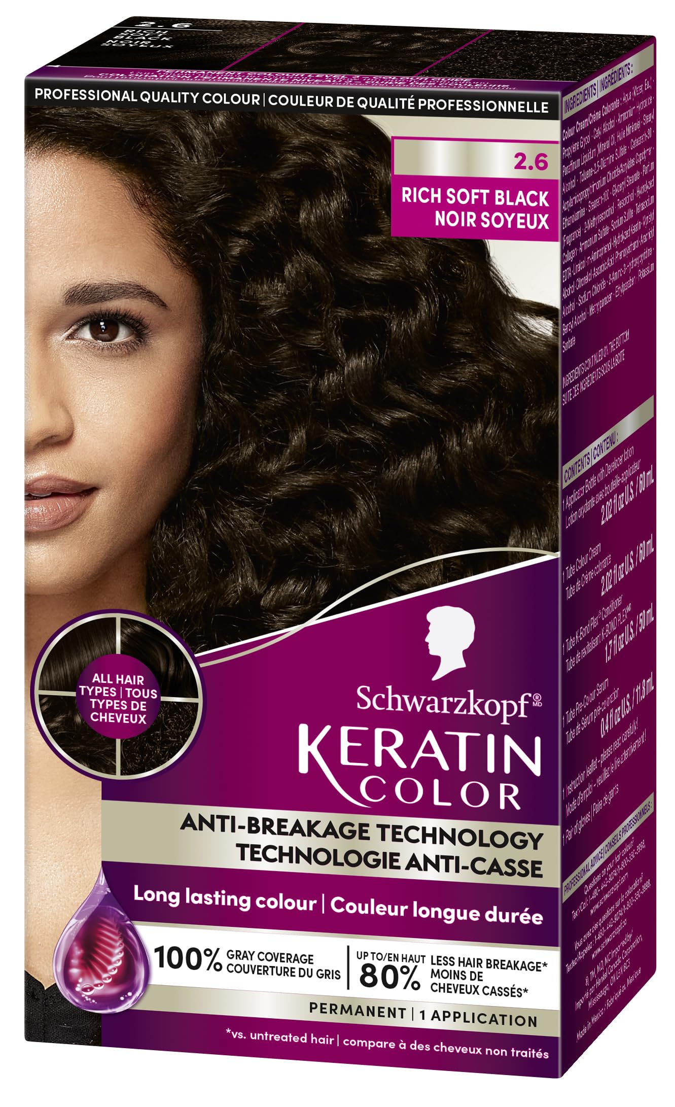 Schwarzkopf Keratin Color Permanent Hair Color, 2.6 Rich Soft Black, 1 Application - Salon Inspired Permanent Hair Dye, for up to 80% Less Breakage vs Untreated Hair and up to 100% Gray Coverage