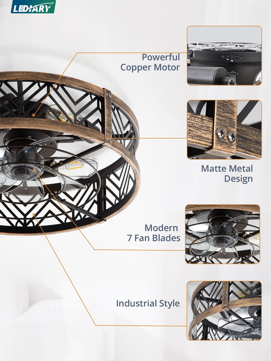 LEDIARY 20" Caged Ceiling Fan with Light, Small Flush Mount Ceiling Fan with App&Remote, Low Profile Bladeless Ceiling Fan for Bedroom, Kitchen, Dining Room-Black