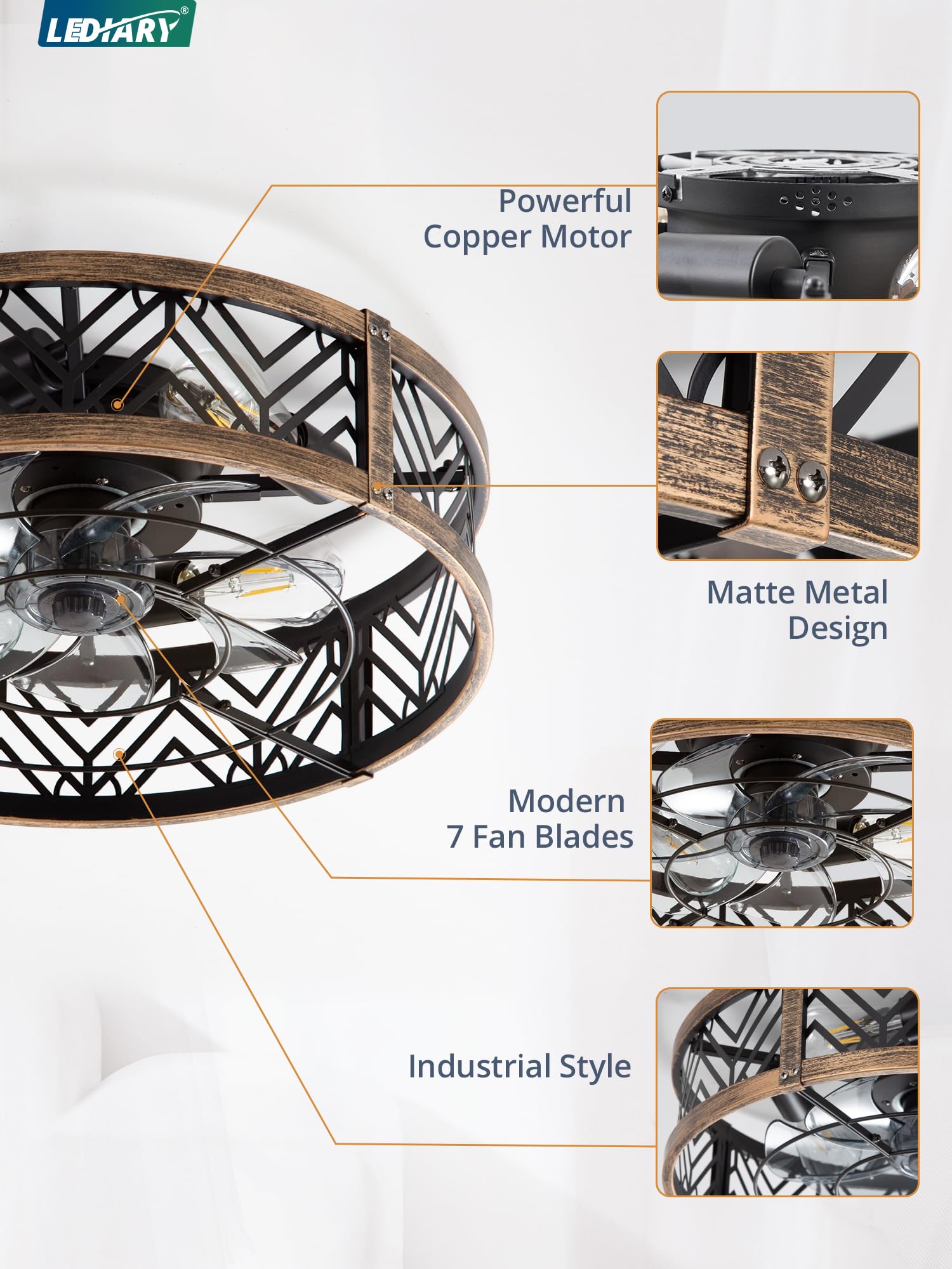 LEDIARY 20" Caged Ceiling Fan with Light, Small Flush Mount Ceiling Fan with App&Remote, Low Profile Bladeless Ceiling Fan for Bedroom, Kitchen, Dining Room-Black