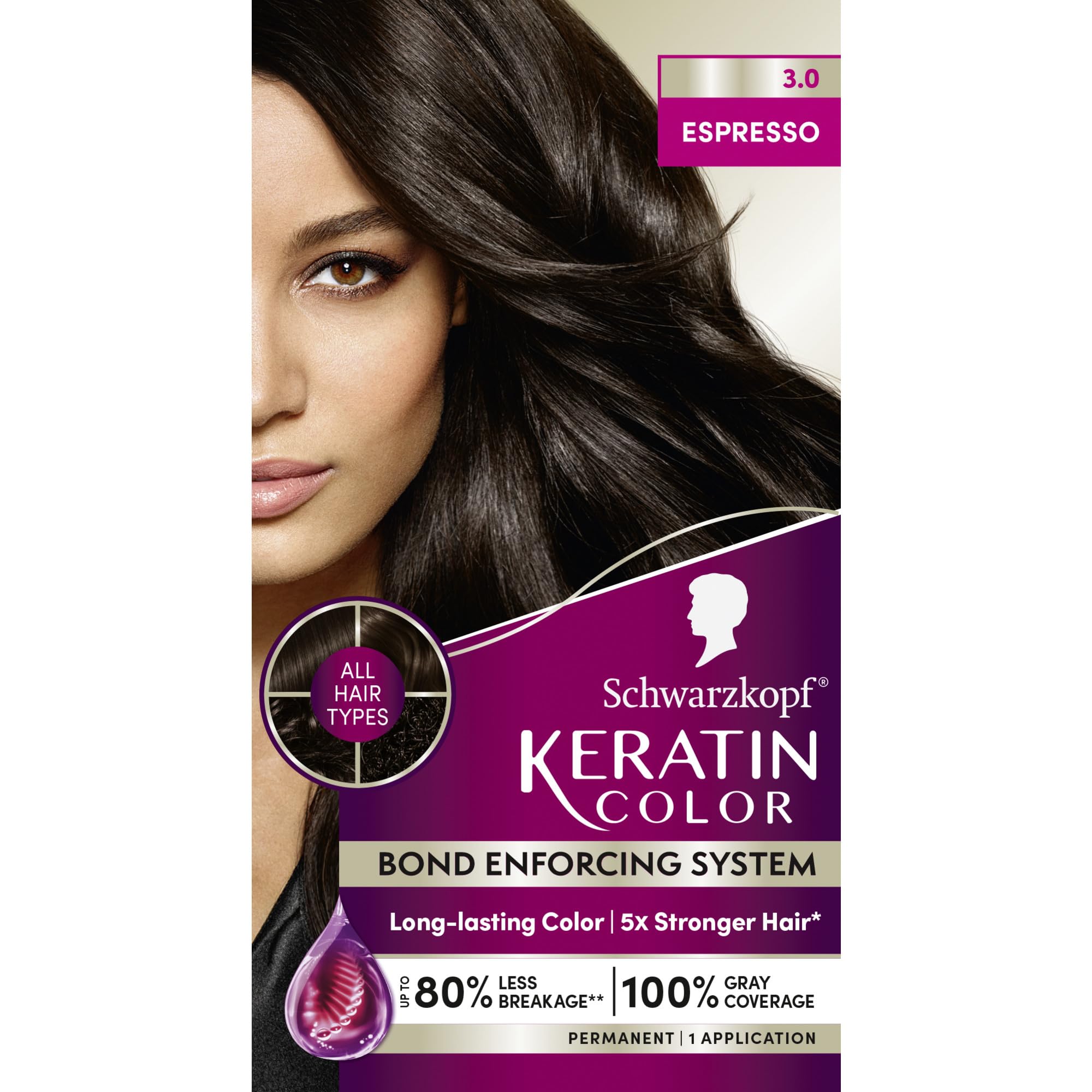 Schwarzkopf Keratin Color Permanent Hair Color, 2.6 Rich Soft Black, 1 Application - Salon Inspired Permanent Hair Dye, for up to 80% Less Breakage vs Untreated Hair and up to 100% Gray Coverage