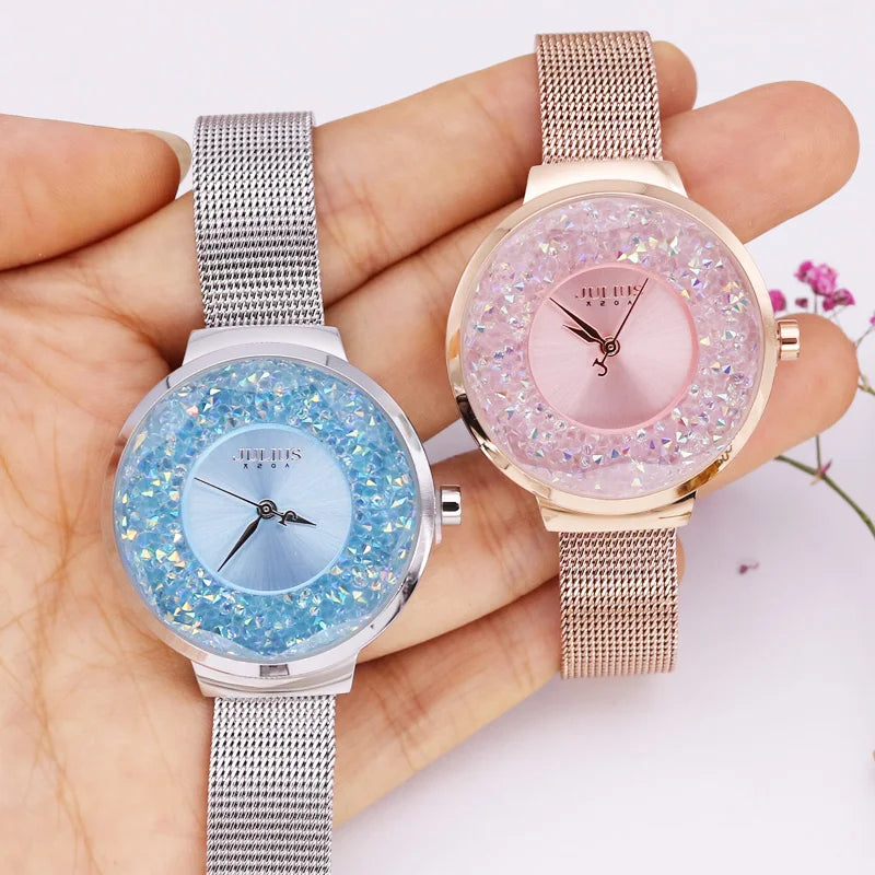 New Crystal Julius Lady Women's Watch MIYOTA Fashion Hours Stainless Steel Bracelet Clock Girl's Birthday Valentine Gift Box
