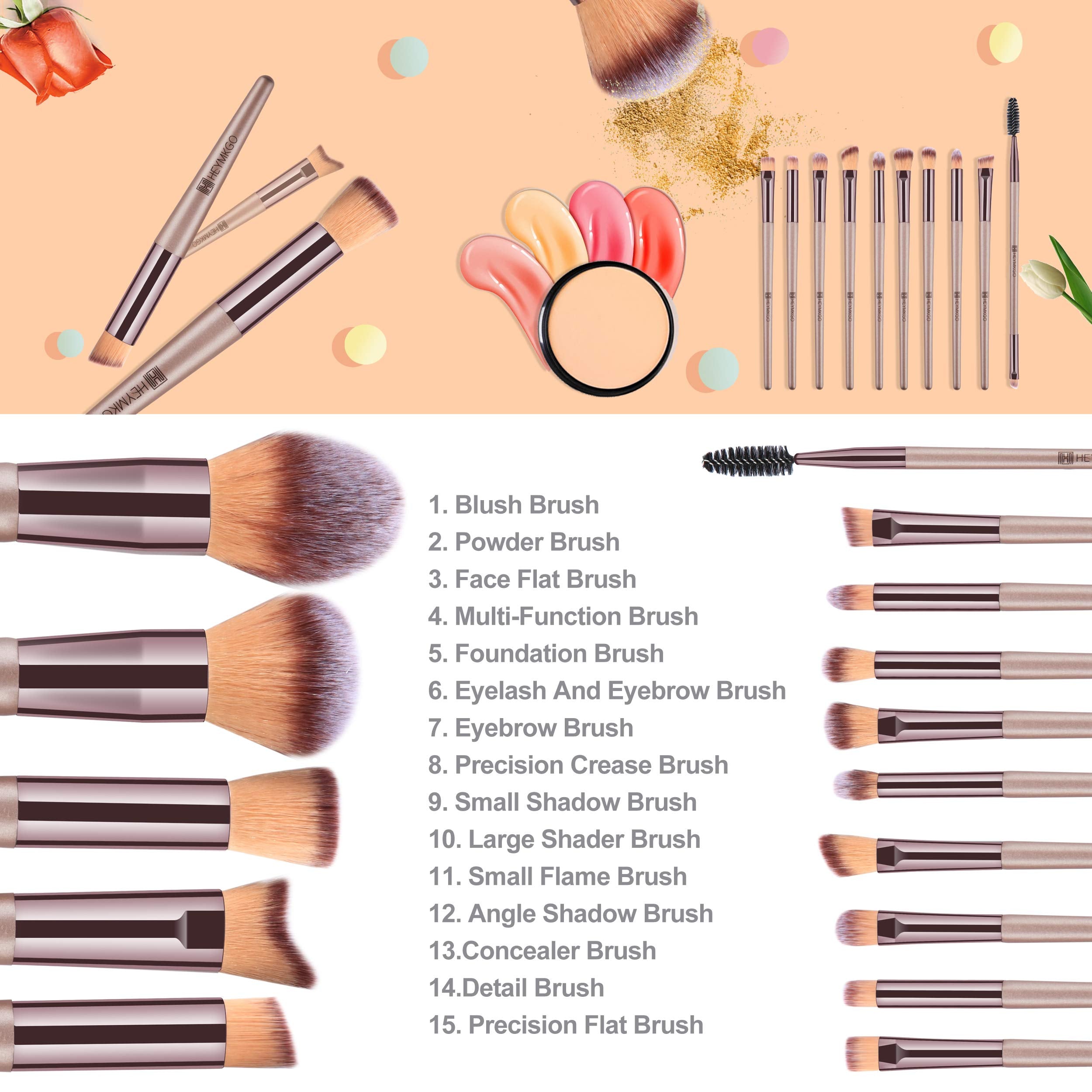 Makeup Brushes Set, HEYMKGO Portable Makeup Brush Set Professional Champagne Gold Premium Synthetic Foundation Brush Powder Concealers Eye Shadows Blush with Cosmetic Bag 10PCS Common Types