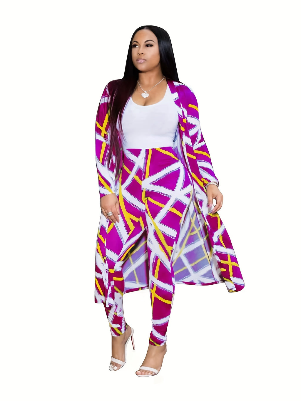 Casual Graphic Print Two-piece Set, Open Front Coat & Skinny Pants Outfits, Women's Clothing