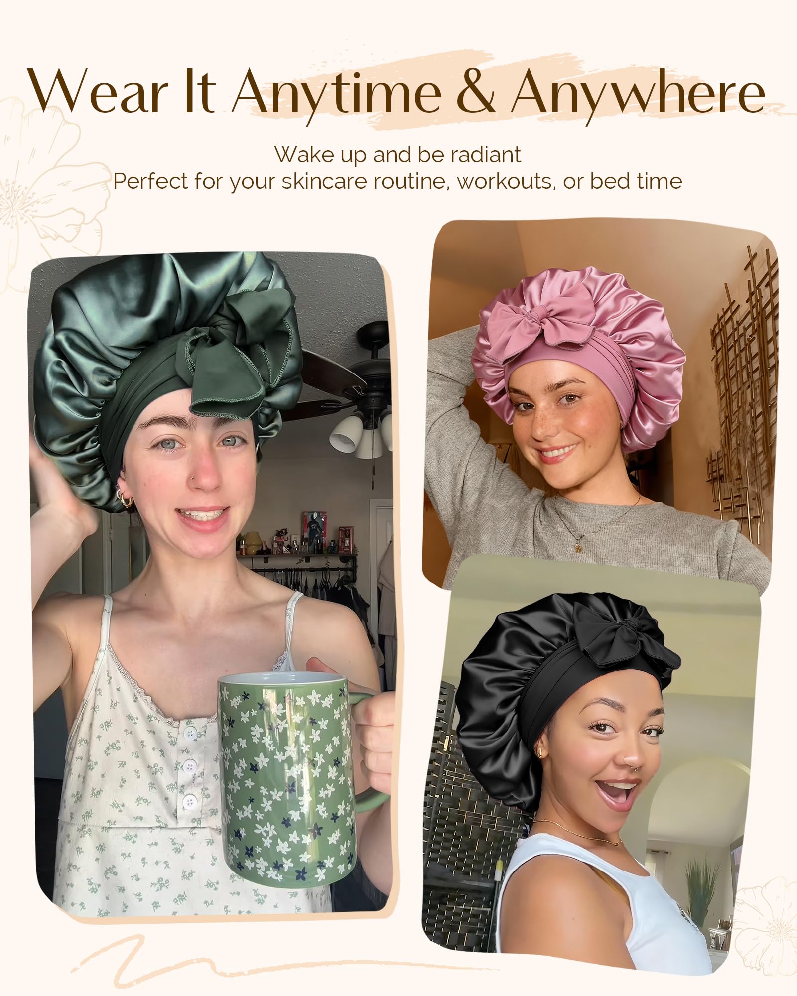 YANIBEST Double Layer Satin Silk Bonnet for Sleeping Hair Bonnet with Elastic Tie Band for Curly Hair Wig Caps