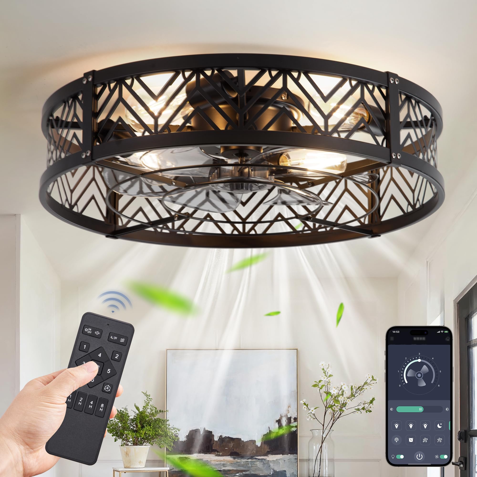 LEDIARY 20" Caged Ceiling Fan with Light, Small Flush Mount Ceiling Fan with App&Remote, Low Profile Bladeless Ceiling Fan for Bedroom, Kitchen, Dining Room-Black