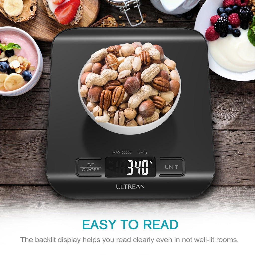 Ultrean Food Scale, Digital Kitchen Scale Weight Grams and Ounces for Baking and Cooking, 6 Units with Tare Function, 11lb (Batteries Included) (Black)