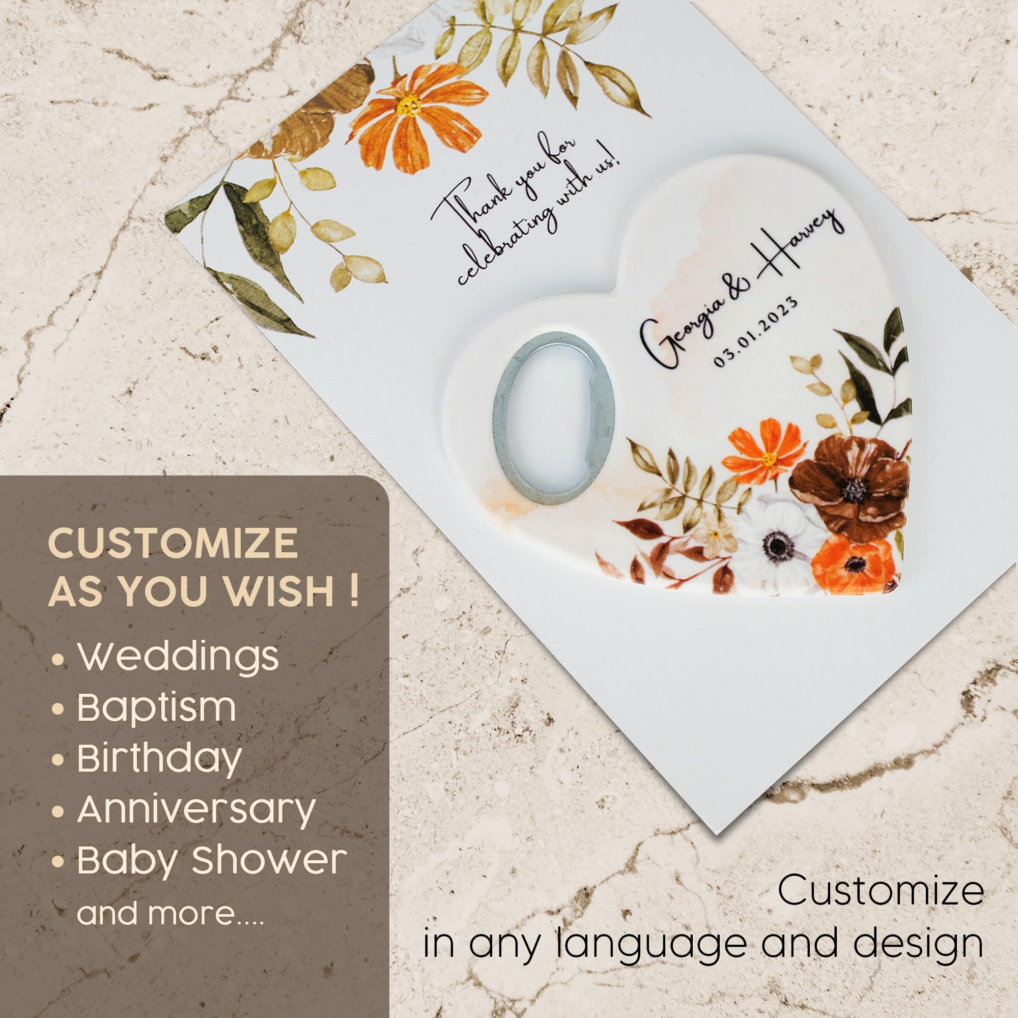 Custom Heart-Shaped Magnet Bottle Opener – Wedding Favor with Thank You Card, Personalized Gift for Guests, Bridal Shower Souvenir with Gift Bag (Pack of 30) (Bottle Opener + Gift Bag)