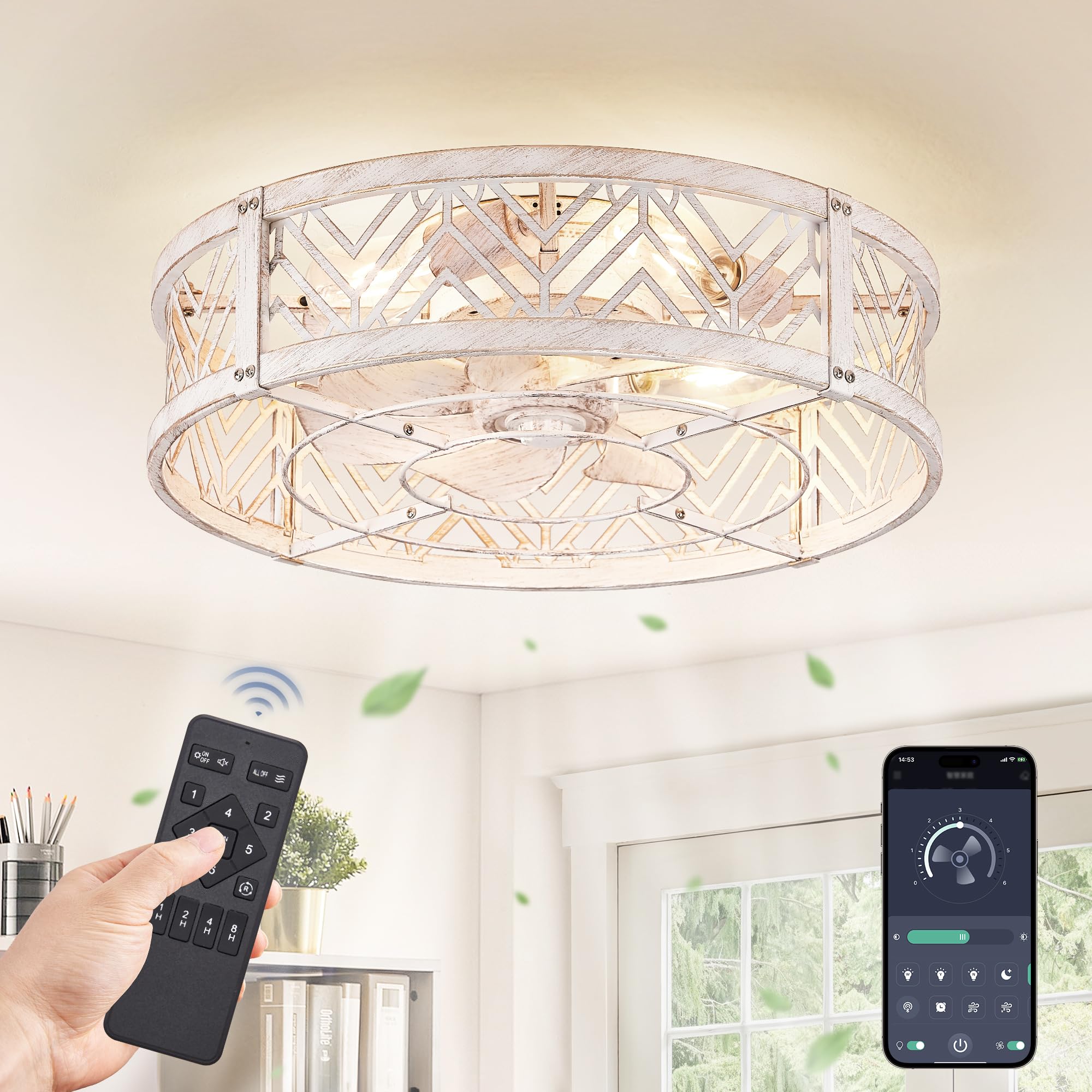 LEDIARY 20" Caged Ceiling Fan with Light, Small Flush Mount Ceiling Fan with App&Remote, Low Profile Bladeless Ceiling Fan for Bedroom, Kitchen, Dining Room-Black