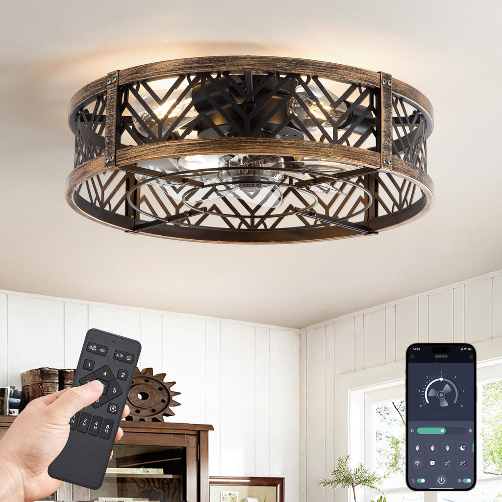 LEDIARY 20" Caged Ceiling Fan with Light, Small Flush Mount Ceiling Fan with App&Remote, Low Profile Bladeless Ceiling Fan for Bedroom, Kitchen, Dining Room-Black
