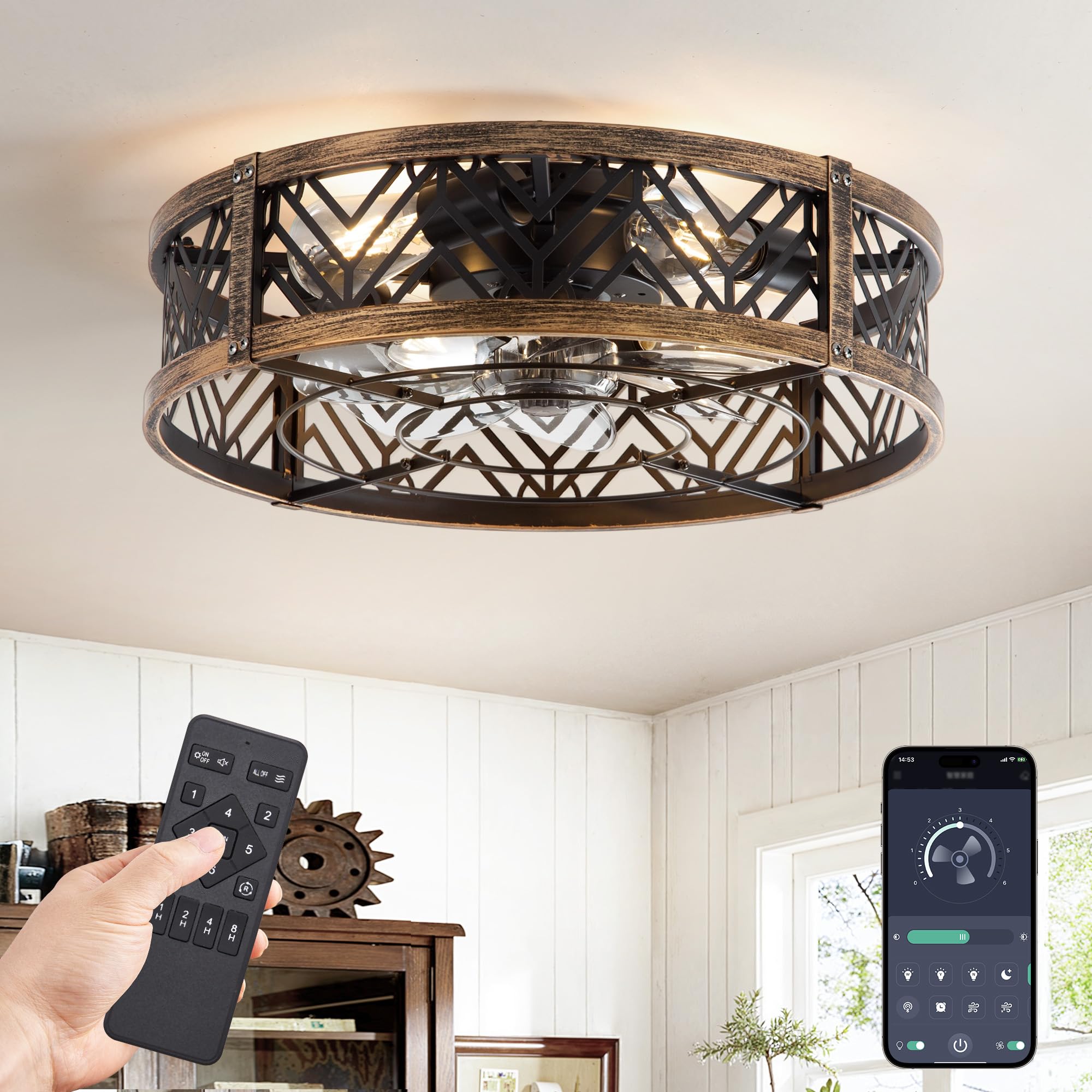 LEDIARY 20" Caged Ceiling Fan with Light, Small Flush Mount Ceiling Fan with App&Remote, Low Profile Bladeless Ceiling Fan for Bedroom, Kitchen, Dining Room-Black