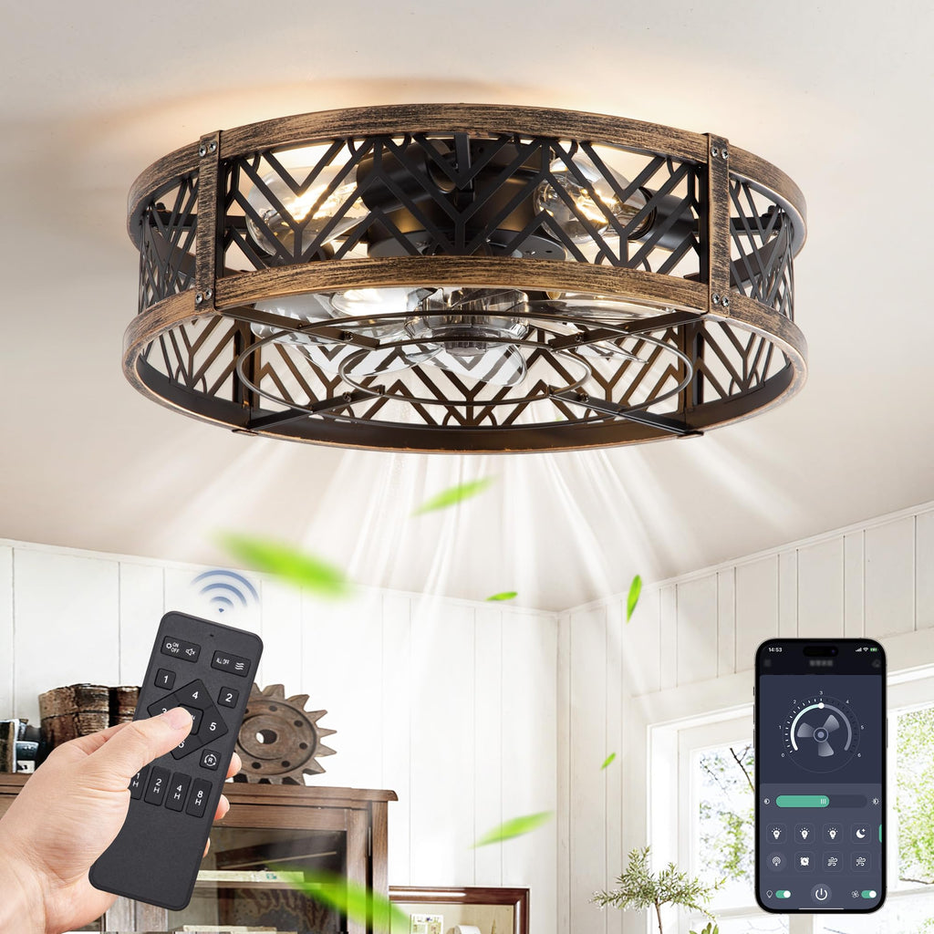 LEDIARY 20" Caged Ceiling Fan with Light, Small Flush Mount Ceiling Fan with App&Remote, Low Profile Bladeless Ceiling Fan for Bedroom, Kitchen, Dining Room-Black