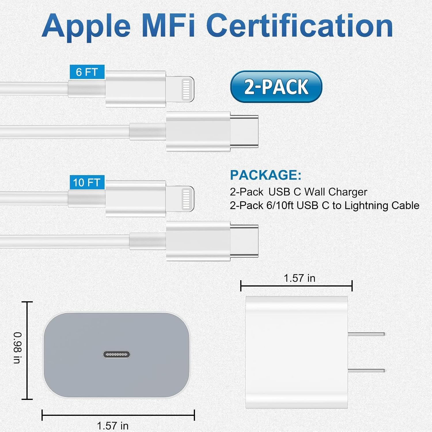 iPhone Charger Apple Charger, [Apple MFi Certified]2 Pack Apple Type C Wall Charger Block with 2 Pack [6FT&10FT] Long USB C to Lightning Cable for iPhone 14/13/12/12 Pro Max/11/Xs Max/XR/X,AirPods Pro