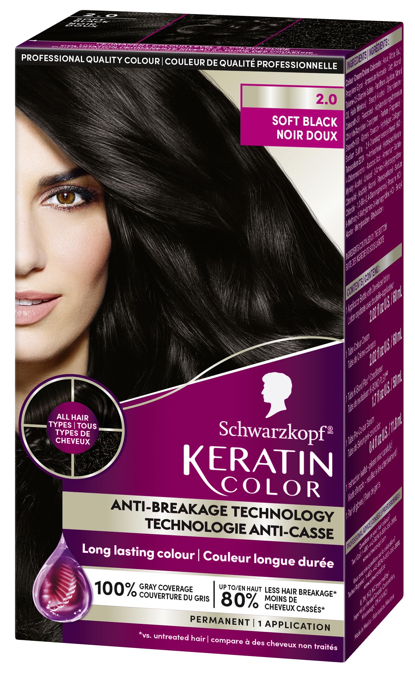 Schwarzkopf Keratin Color Permanent Hair Color, 2.6 Rich Soft Black, 1 Application - Salon Inspired Permanent Hair Dye, for up to 80% Less Breakage vs Untreated Hair and up to 100% Gray Coverage