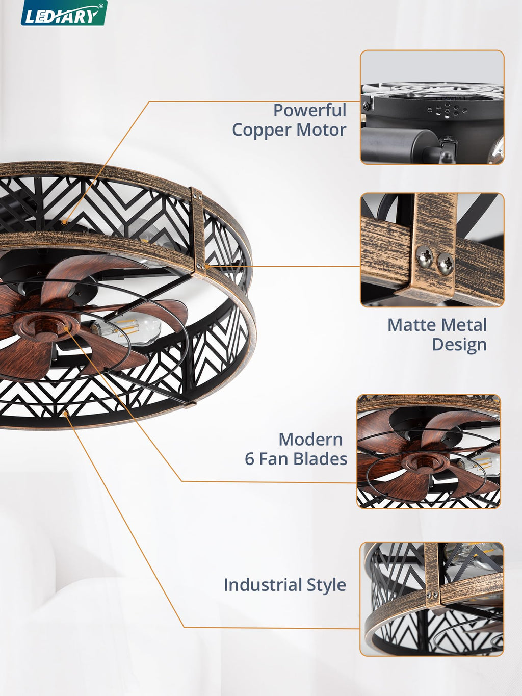 LEDIARY 20" Caged Ceiling Fan with Light, Small Flush Mount Ceiling Fan with App&Remote, Low Profile Bladeless Ceiling Fan for Bedroom, Kitchen, Dining Room-Black