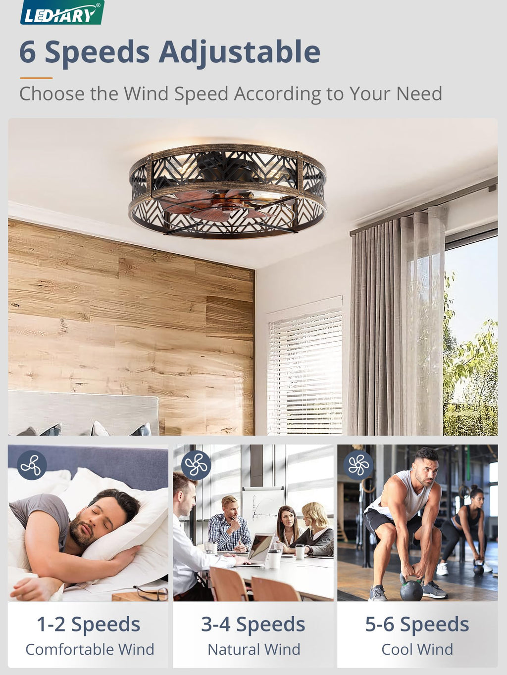 LEDIARY 20" Caged Ceiling Fan with Light, Small Flush Mount Ceiling Fan with App&Remote, Low Profile Bladeless Ceiling Fan for Bedroom, Kitchen, Dining Room-Black