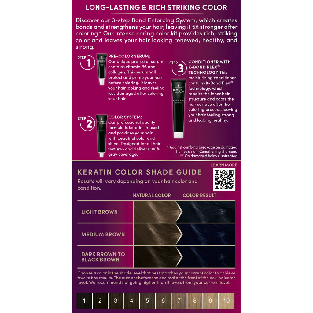 Schwarzkopf Keratin Color Permanent Hair Color, 2.6 Rich Soft Black, 1 Application - Salon Inspired Permanent Hair Dye, for up to 80% Less Breakage vs Untreated Hair and up to 100% Gray Coverage