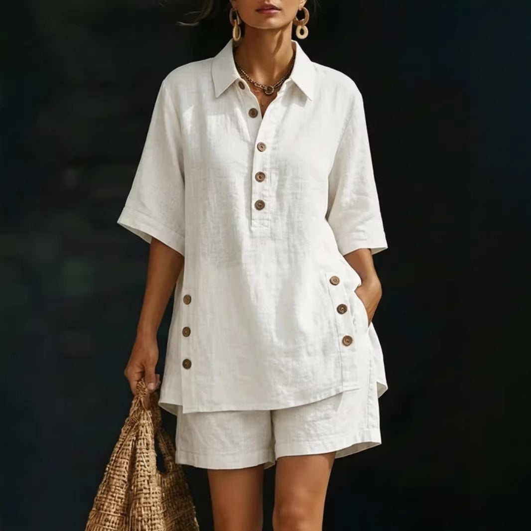 Womens Short-Sleeve Shirt And Loose Pants Two-Piece Set