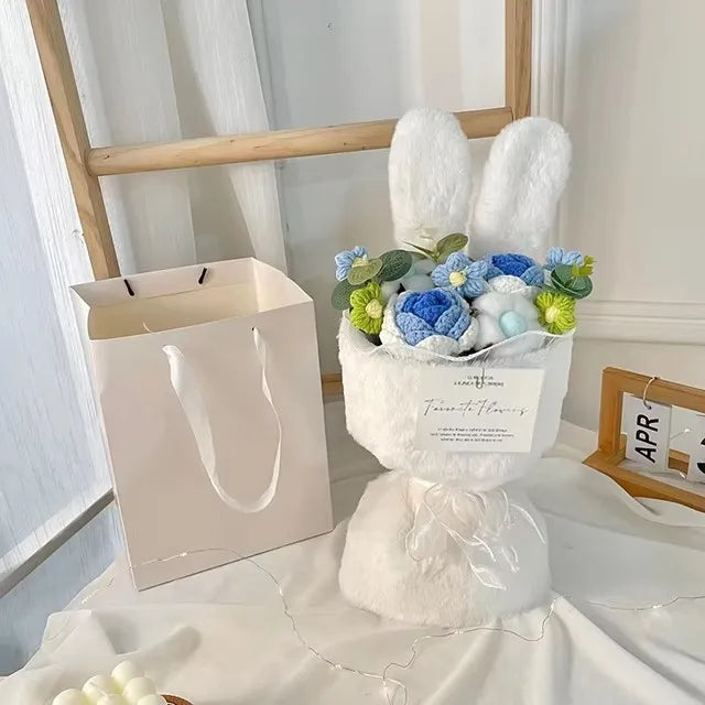 Cotton Rope Artificial Roses Bouquet Handmade Rabbit Ear Knitted Plush Flower Bundle Valentine Mothers' Day Birthday Gifts 1PC