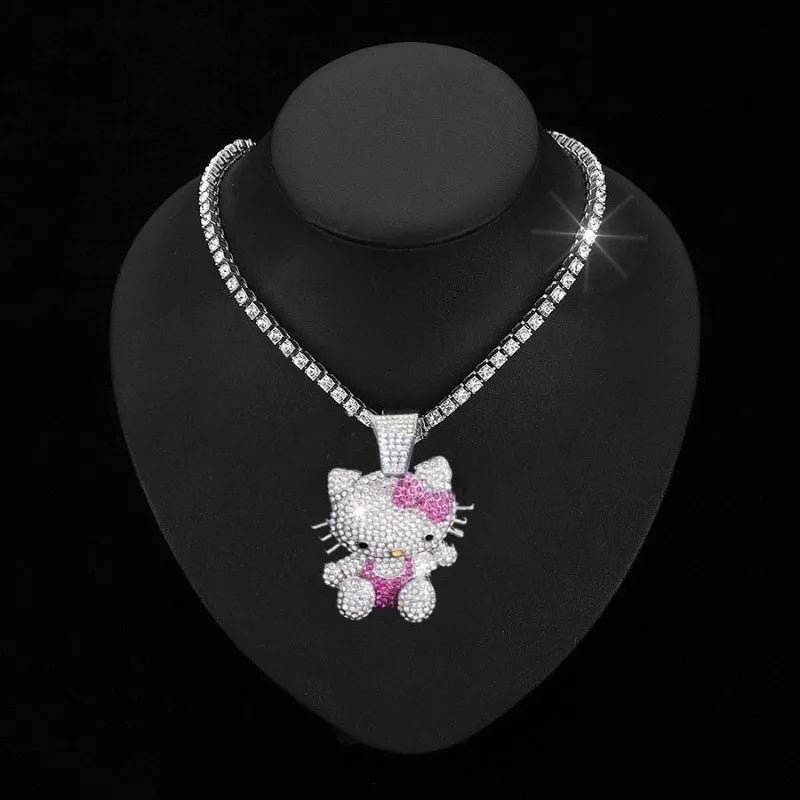 Kawaii Sanrios HelloKitty New Necklace Full Drill Pendant Collarbone Chain for Women Sparkling Crystal Birthday Valentine Gift
