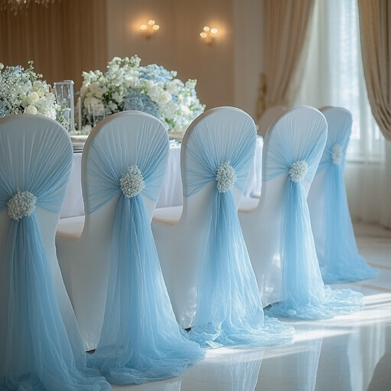 10pcs Light Blue Tulle Chair Sashes - Mesh Chair Back Decorations for Weddings, Banquets & Parties