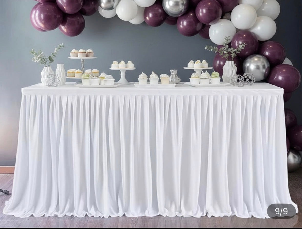 White Table Skirts Rental - Curly Willow Tulle & Pleated with Golden Accents | Elegant Event Decor