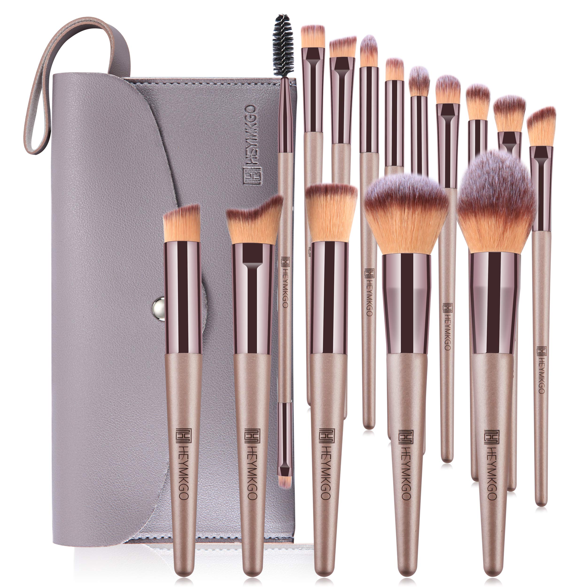 Makeup Brushes Set, HEYMKGO Portable Makeup Brush Set Professional Champagne Gold Premium Synthetic Foundation Brush Powder Concealers Eye Shadows Blush with Cosmetic Bag 10PCS Common Types