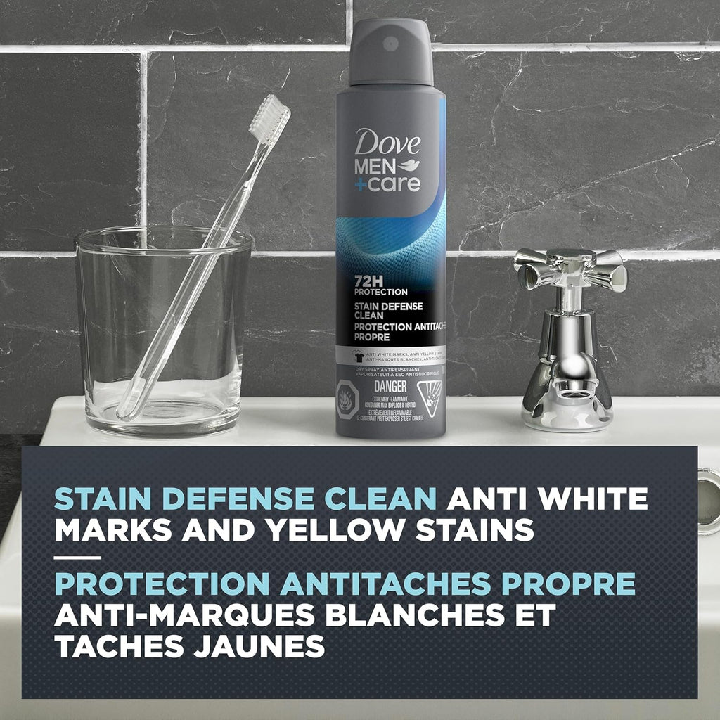 Dove Men+Care Antiperspirant Deodorant Dry Spray For Men Anti-White Marks & Yellow Stains, 72-hour Sweat and Odour Protection Stain Defense Clean with Triple Defense Technology, 107g