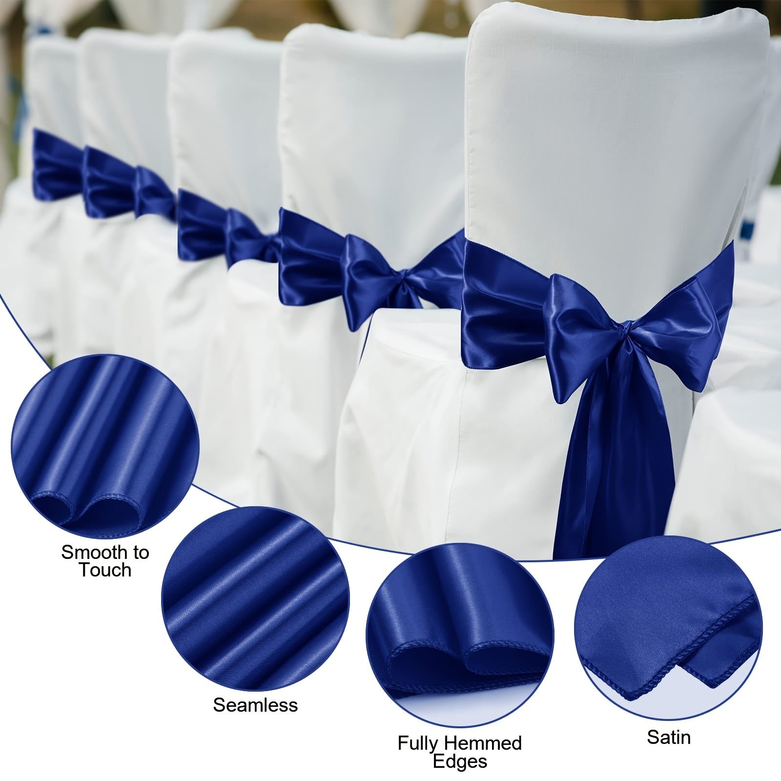 50pcs Satin Chair Sashes - Elastic Band Ribbon Bows for Wedding, Banquet & Party Decoration (7x108 inch)