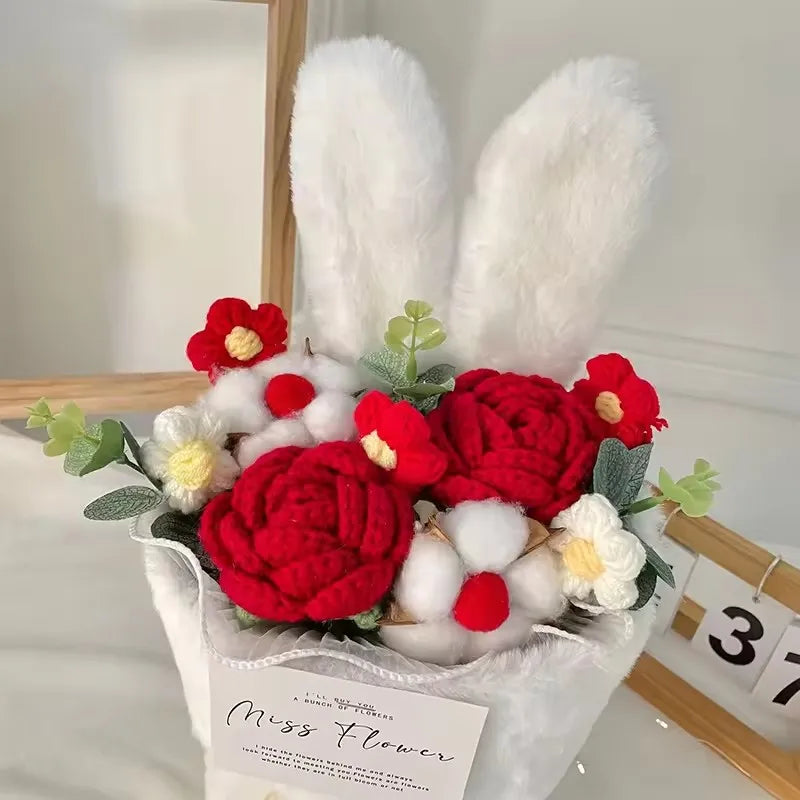 Cotton Rope Artificial Roses Bouquet Handmade Rabbit Ear Knitted Plush Flower Bundle Valentine Mothers' Day Birthday Gifts 1PC
