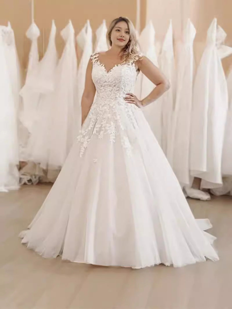 Large Size Bridal White Mesh Wedding Dress Embroidered Wedding Toast Dress