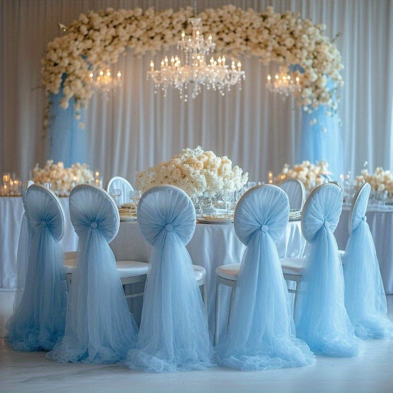 10pcs Light Blue Tulle Chair Sashes - Mesh Chair Back Decorations for Weddings, Banquets & Parties