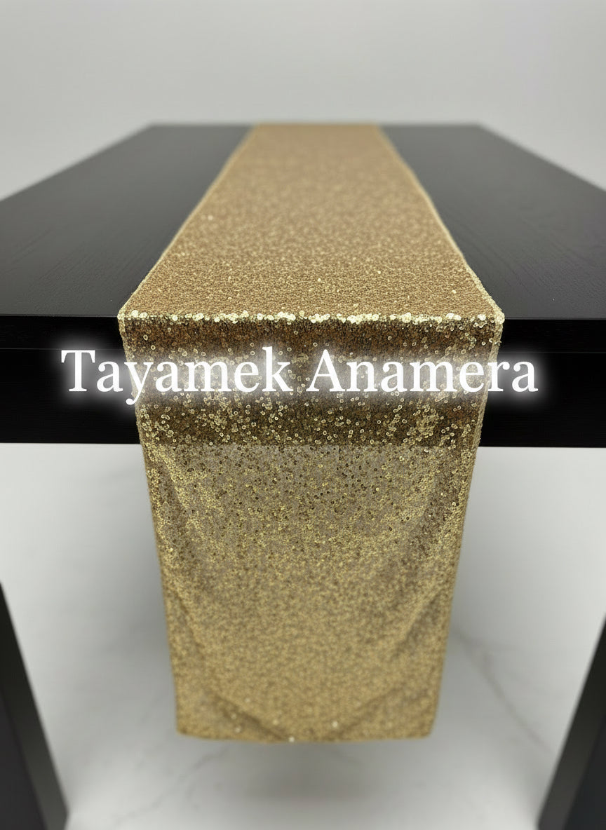 5 Pack Golden Sequin Table Runner 12x108" - Rectangle, Machine Washable