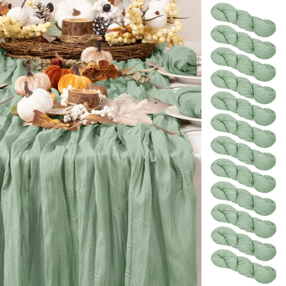 Set of 12 90x300cm Semi-Sheer Gauze Table Runner Cheesecloth Sage green Dining Wedding Party Christmas Banquets Arches Decor
