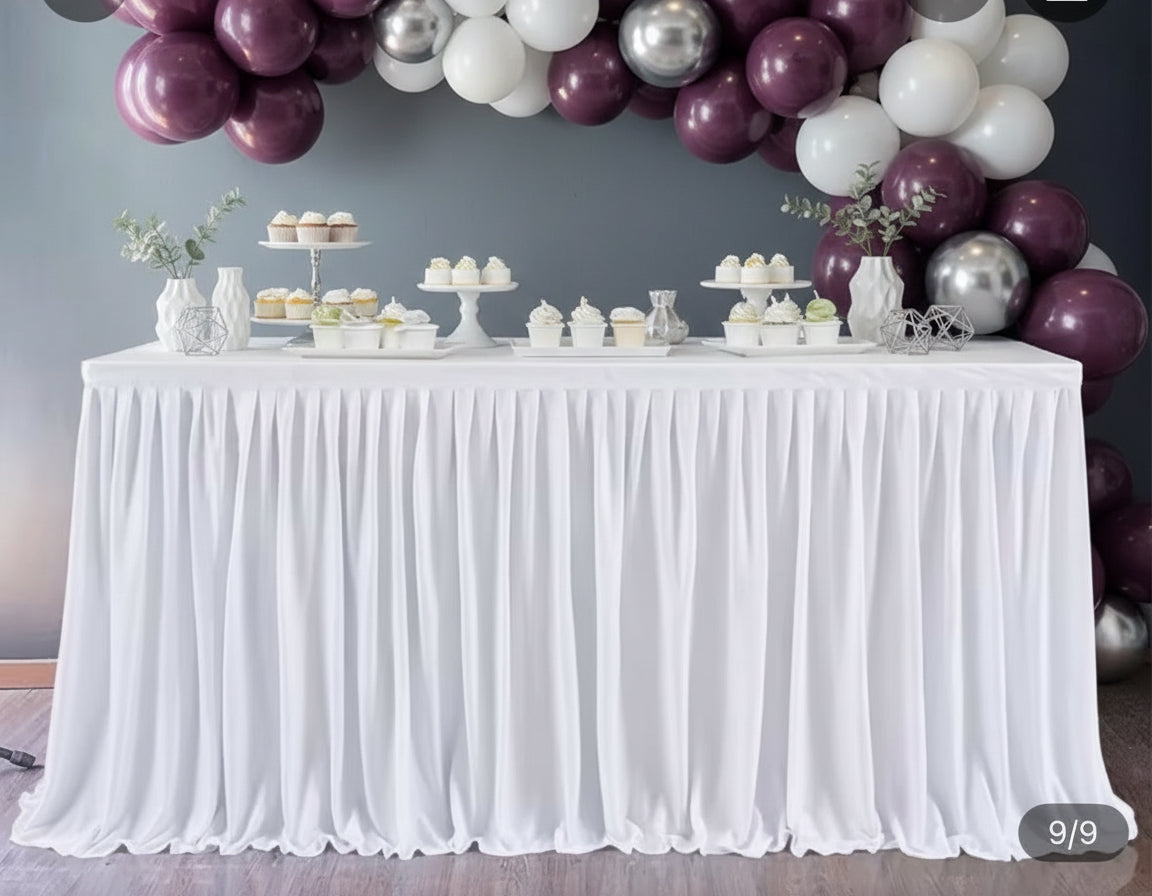 White Table Skirts Rental - Curly Willow Tulle & Pleated with Golden Accents | Elegant Event Decor