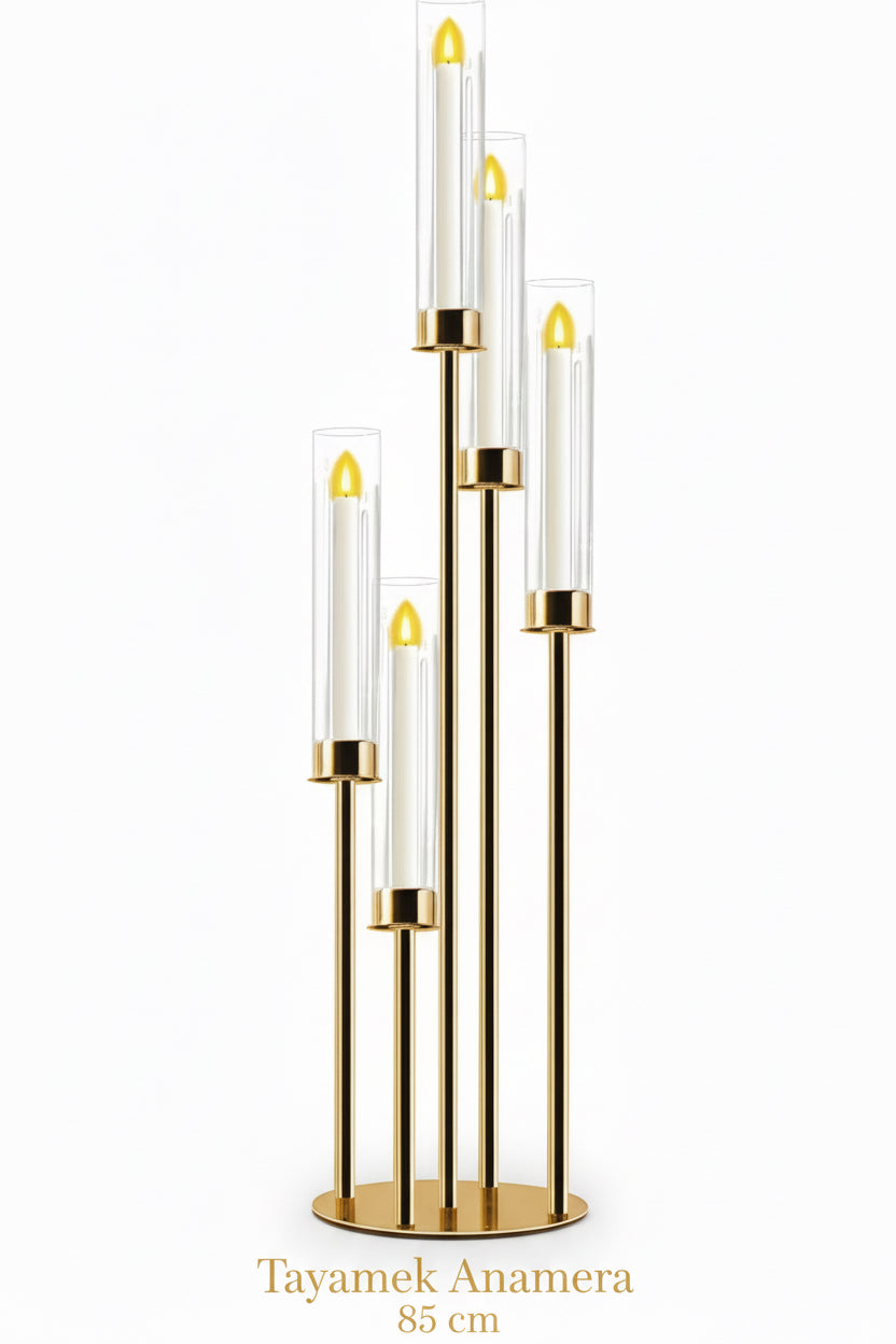 Gold Candle Holder 5-Arm – Tall Candelabra Centerpiece | Tayamek Anamera Rental