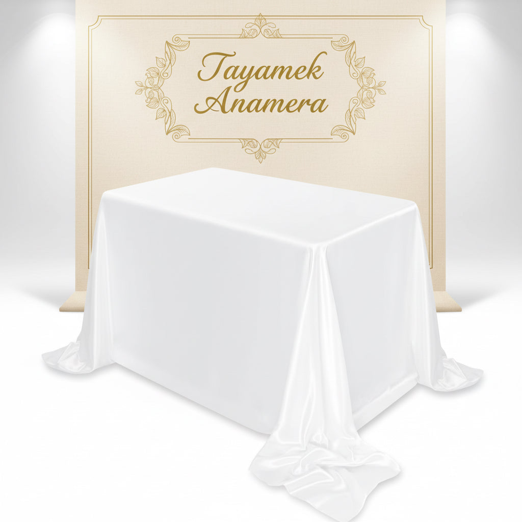 White Satin Tablecloth – 90x156 in Tayamek Anamera - Rental