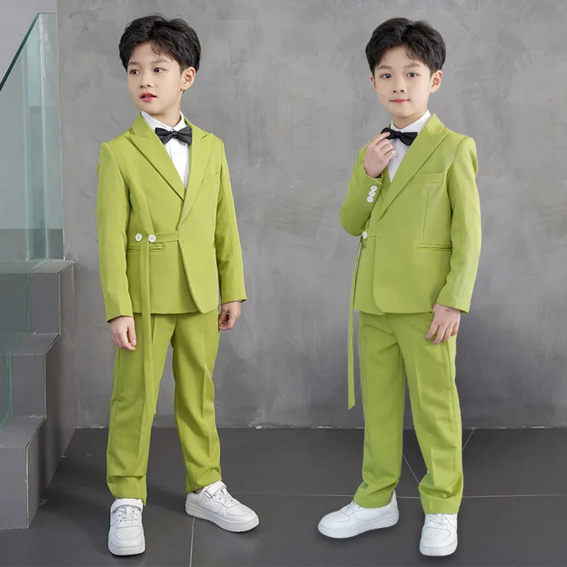 Wholesale Fashion Children's Clothing Green Suit Boys Formal Five-Piece Set Korean Style Performance Stage Outfit