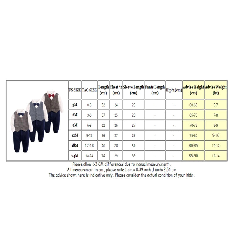 Fashion Newborn Baby Boys Gentleman Formal Suit Romper Long Sleeve Jumpsuit Bow Tie Tuxedo Outfit Clothes for 0-24M Bebes Gift