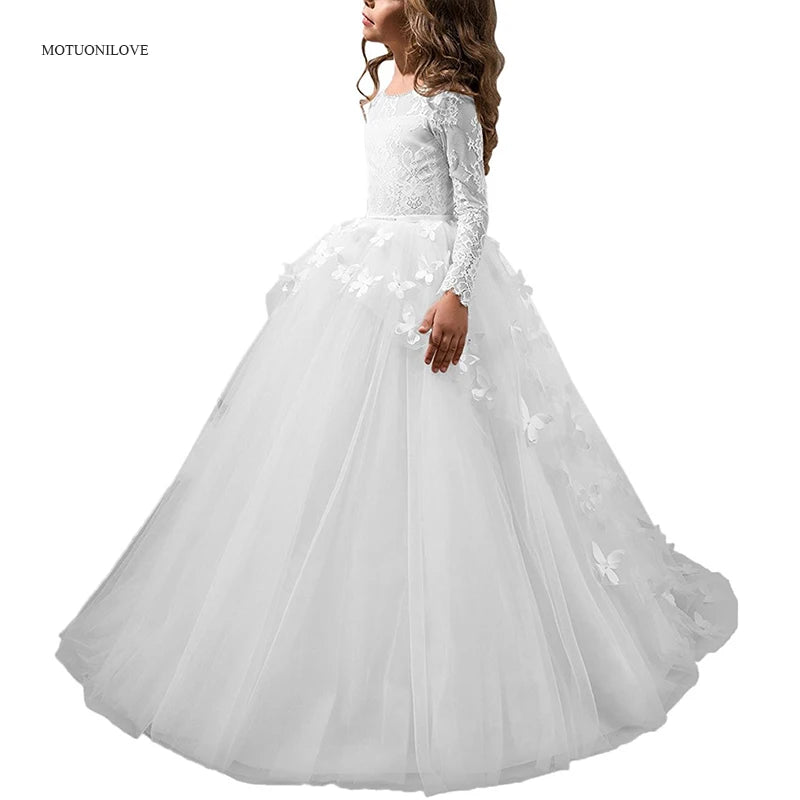 Vestidos De Primera Comunion 2025 Pink Long Sleeves Kids Princess Long Party Dress For Girls Costume For 2 3 4 5 6 7 8 13 Years