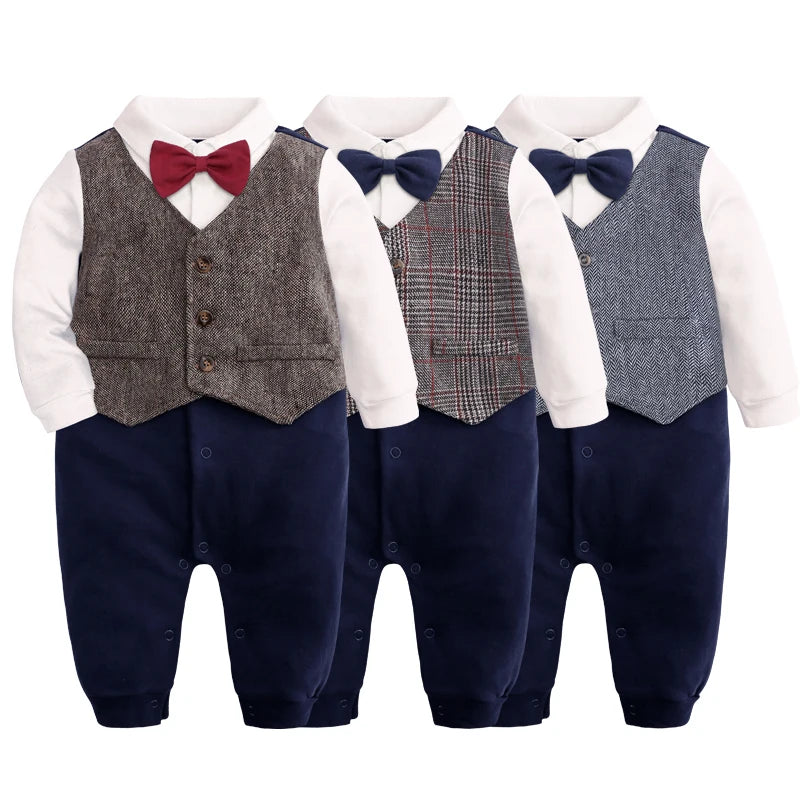Fashion Newborn Baby Boys Gentleman Formal Suit Romper Long Sleeve Jumpsuit Bow Tie Tuxedo Outfit Clothes for 0-24M Bebes Gift