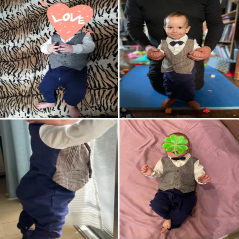 Fashion Newborn Baby Boys Gentleman Formal Suit Romper Long Sleeve Jumpsuit Bow Tie Tuxedo Outfit Clothes for 0-24M Bebes Gift
