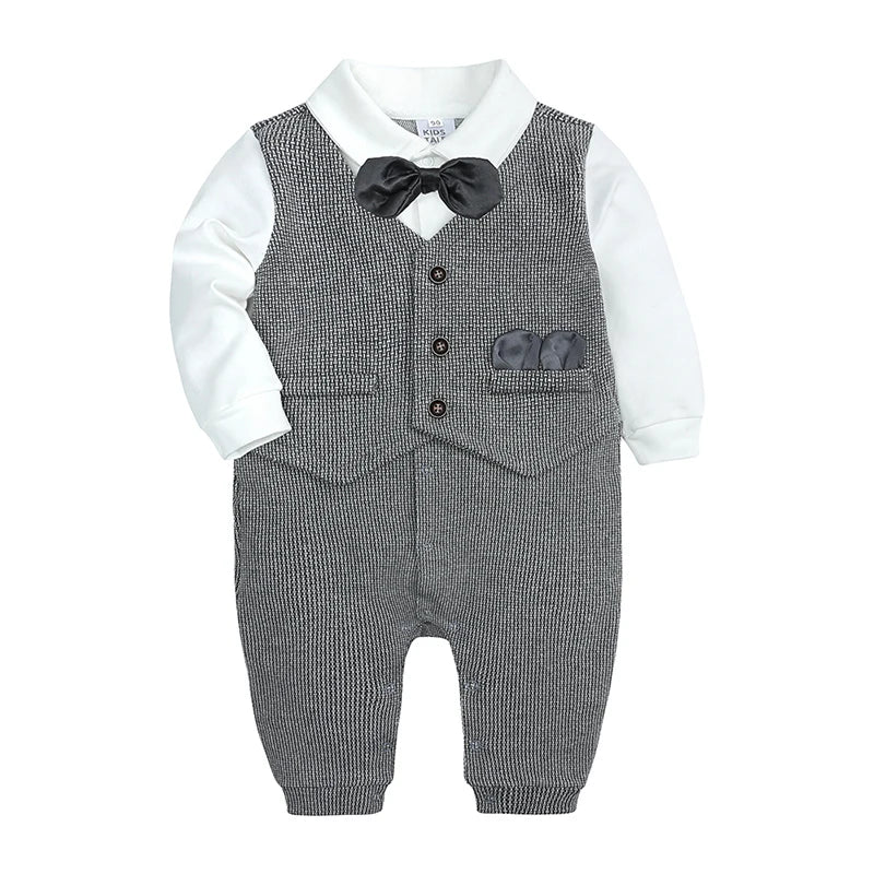 Fashion Newborn Baby Boys Gentleman Formal Suit Romper Long Sleeve Jumpsuit Bow Tie Tuxedo Outfit Clothes for 0-24M Bebes Gift