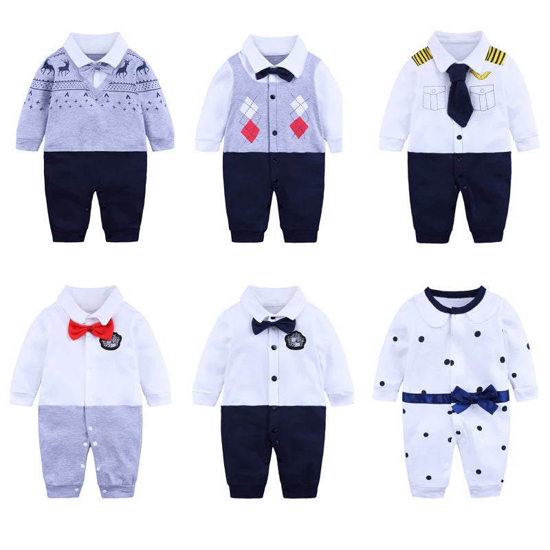 Fashion Newborn Baby Boys Gentleman Formal Suit Romper Long Sleeve Jumpsuit Bow Tie Tuxedo Outfit Clothes for 0-24M Bebes Gift