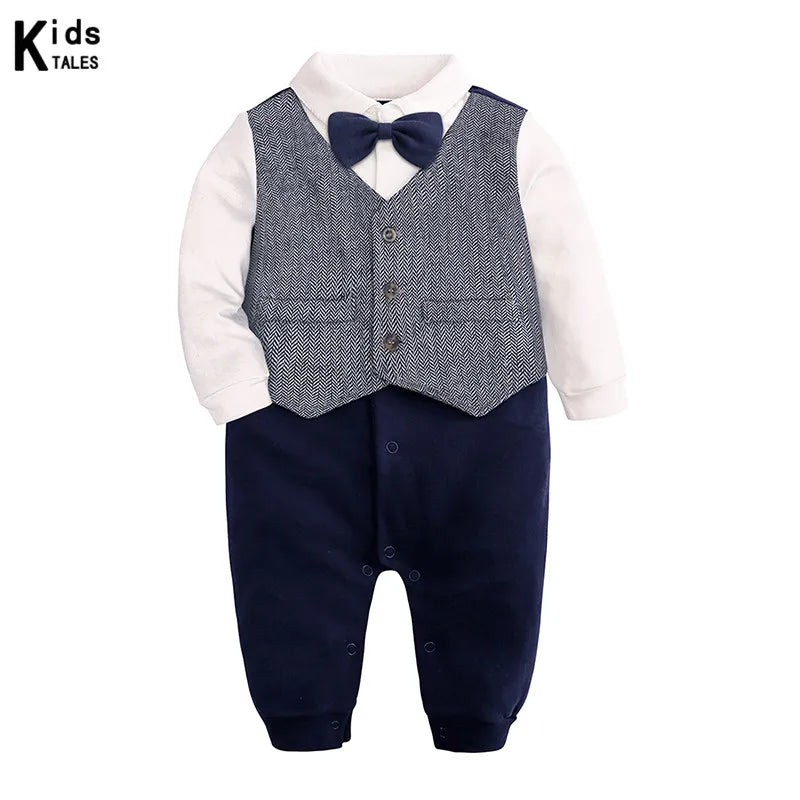 Fashion Newborn Baby Boys Gentleman Formal Suit Romper Long Sleeve Jumpsuit Bow Tie Tuxedo Outfit Clothes for 0-24M Bebes Gift