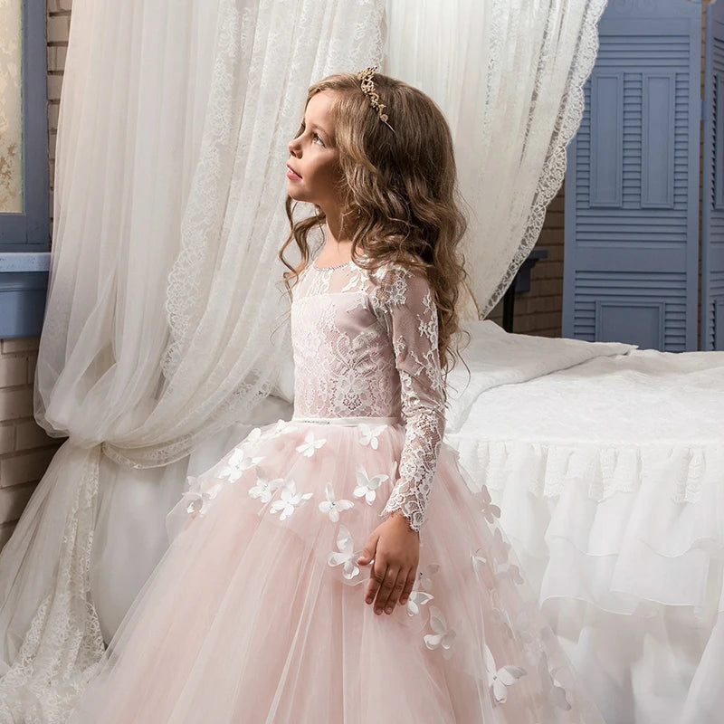 Vestidos De Primera Comunion 2025 Pink Long Sleeves Kids Princess Long Party Dress For Girls Costume For 2 3 4 5 6 7 8 13 Years